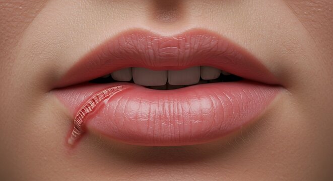 Close-up of a person's lips with a segmented, clear and reddish object extending from the corner of the mouth.