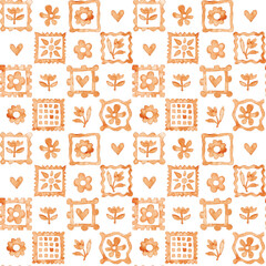 Watercolor seamless pattern with rustic orange blocks. Folk art floral and heart motifs. Hand-painted naive grid design. Decorative repeating print.