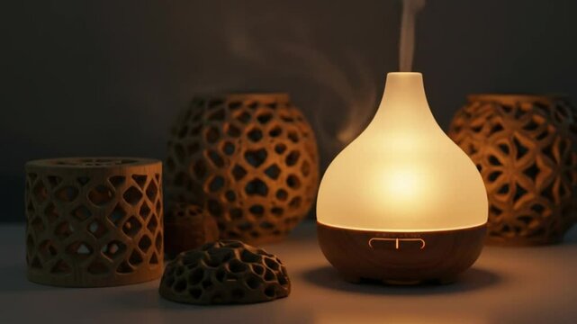 Serene aroma diffuser glow amongst crafted decorative elements