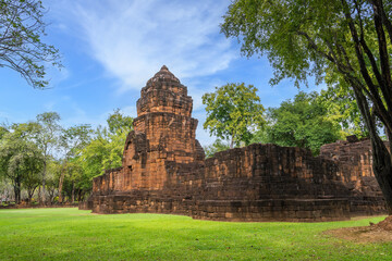 Ancient temple Mueang Sing castle in Kanchanaburi Thailand surrounded by green trees and blue sky