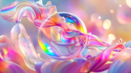 Abstract iridescent shapes, swirling ribbons and a large iridescent sphere - Powered by Adobe