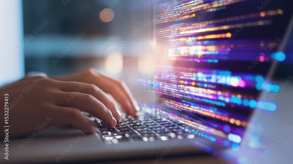 Aufkleber person typing on a laptop with colorful digital data streams in a blurred indoor setting