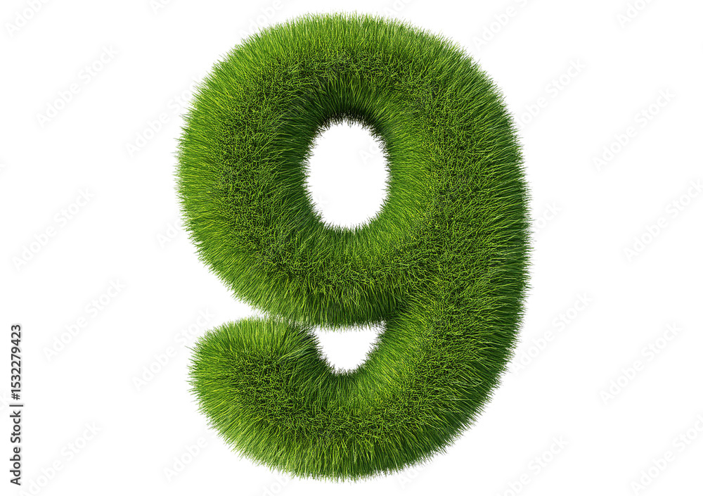 Poster grass font 3d rendering number 9 isolated on a transparent or white background