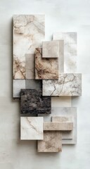 Abstract arrangement of various rectangular marble slabs in beige, brown, and grey tones against a light background