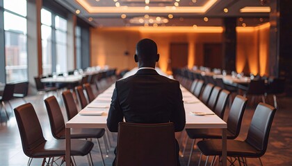 Faceless Figure Sitting at Empty Party Table Waiting for Guests