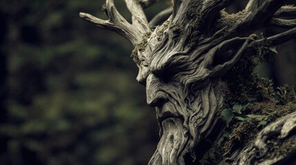 Mythical Tree Creature with Ornate Features Surrounded by Lush Forest