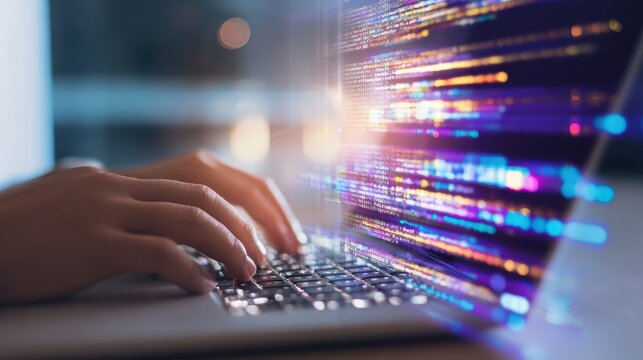 Person typing on a laptop with colorful digital data streams in a blurred indoor setting