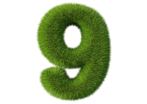 Grass font 3d rendering number 9 isolated on a transparent or white background