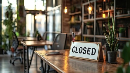 Closed Workspace with "CLOSED" Message on Desk, Ideal for Vacation, Break, and Office Closure Concepts.