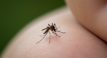 Close-up of mosquito on human skin. Green background. Mosquito is dark with yellow markings, poised to bite.