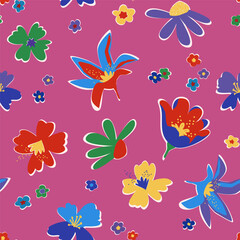 Naklejka premium Bright summer floral pattern. Pink seamless background, fantasy multicolored flowers, white borders stickers. Fashion art print for cover, textile, wallpaper