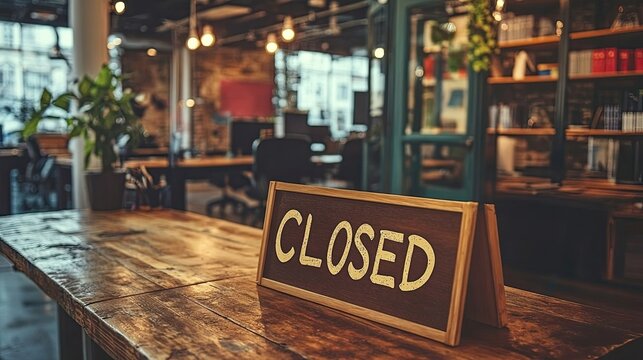 Closed Workspace with "CLOSED" Message on Desk, Ideal for Vacation, Break, and Office Closure Concepts.