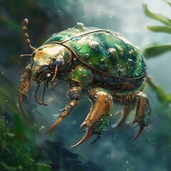A stylized, iridescent beetle, metallic green and gold, with water droplets