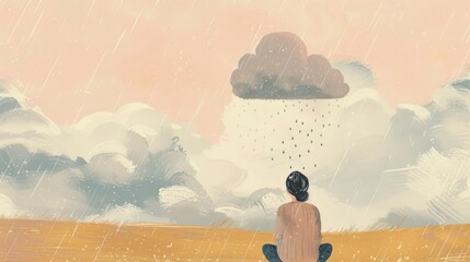 Silhouette of person meditating under surreal cloud with rain in dreamlike landscape background