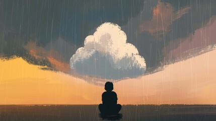 Silhouette of person meditating under surreal cloud with rain in dreamlike landscape background