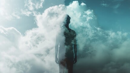 Double exposure silhouette of person merged with dramatic cloudy sky representing dreams and spiritual connection