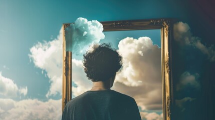 Person holding vintage mirror reflecting cloudy sky in surreal conceptual scene about dreams and reality