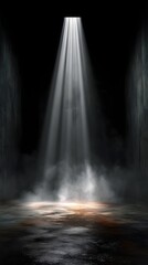 Spotlight shining down on foggy concrete floor in dark room