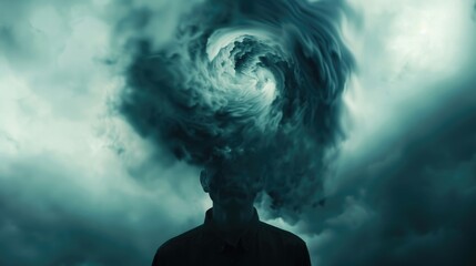 Silhouette of a human with stormy clouds swirling in a head representing mental turbulence and inner thoughts