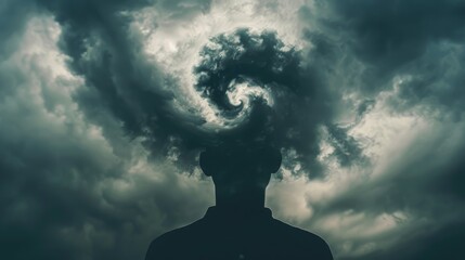Silhouette of a human with stormy clouds swirling in a head representing mental turbulence and inner thoughts