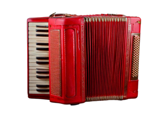 Old red accordion isolated on transparent or white background