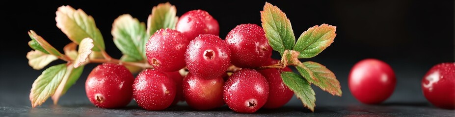 Close Up of Fresh Red Cranberries with Leaves