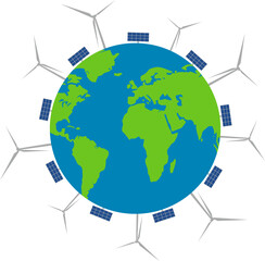 Earth with wind turbine and solar panel, renewable energy, sustainability, clean power concept