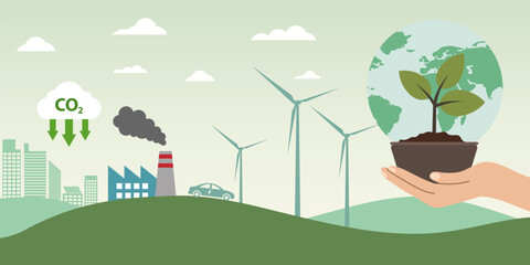 Eco friendly energy, wind turbine, green city, carbon reduction, sustainable environment