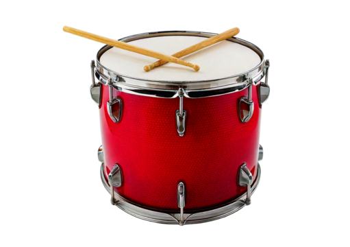 Red drum with drum sticks isolated on transparent or white background