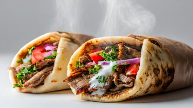 Two steaming gyro wraps with sliced meat, tomatoes, onions, and a creamy sauce, on a white background.