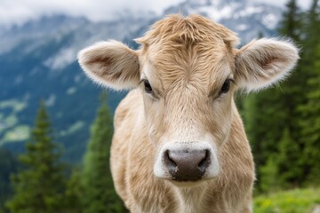 Brown calf in alpine landscape, Young cow close up in mountain scenery, Agriculture, farming or rural tourism concept