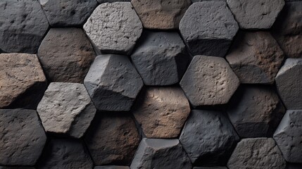 Hexagonal stone tiled wall with diverse textures and shades, forming an intricate geometric pattern with a modern aesthetic