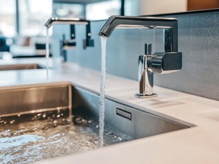 Modern chrome faucets fill stainless steel sinks with flowing water; sleek, minimalist design in a bright, contemporary setting