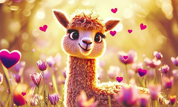 Cute llama in heart flowers atmosphere.