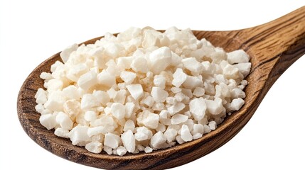 Coarse salt in a wooden spoon, isolated on white background, ideal for cooking or seasoning.