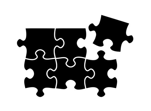 Puzzle pieces connected together - vector isolated object set. Six simple jigsaw puzzle pieces illustration. Flat design.