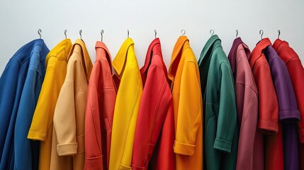 Colorful Coats Forming a Rainbow Arc Against White Background, Featuring Unique Styles for Fashion and Clothing Concepts.