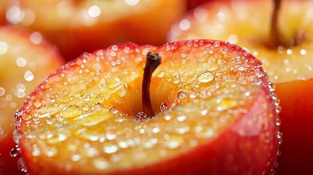 Close-up of half red apple with water drops, a fresh and healthy food concept.