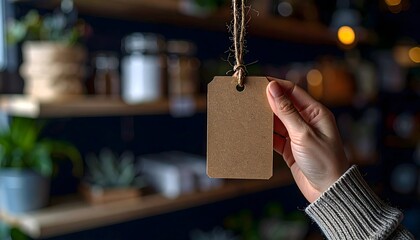 Faceless Staff Member Holding Blank Tag Near Decorated Shelf