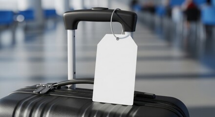 Blank Luggage Tag on Black Suitcase in Airport Terminal, Ready for Customization, Representing Travel, Vacations, and Business Trips, with Copy Space for Personal Information and Contact Details.