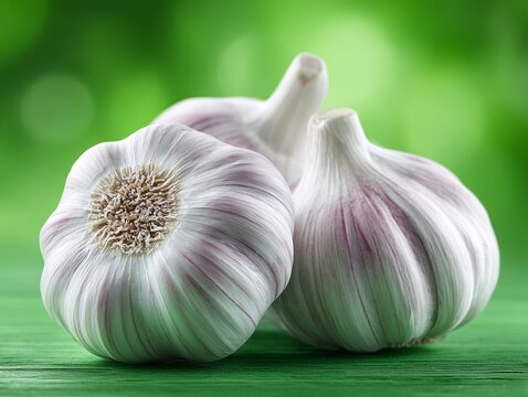 Garlic bulbs on green wooden table, Closeup of fresh garlic with natural light, Ingredient or healthy food concept