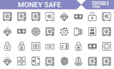 Simple Line Icons Representing Money Safes, Locks, and Vaults