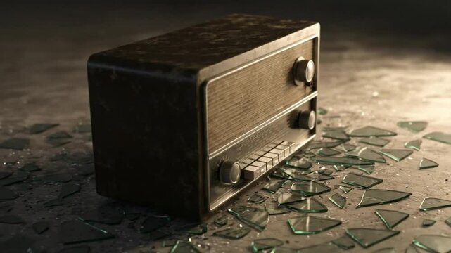 Vintage radio amidst shattered glass fragments