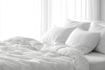 beautiful bed after sleep featuring crumpled sheets and soft morning light