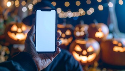 Faceless Person Using Smartphone Halloween Filter for Spooky Selfie