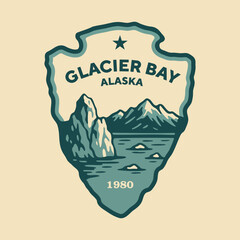 Emblem sticker logo illustration of Glacier Bay National Park, Alaska, USA.