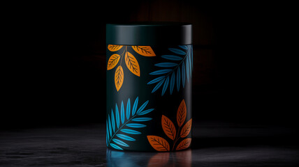 A product photograph of a matte black cylindrical container with a tropical leaf design against a dark background.