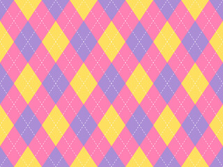Pink yellow violet argyle pattern. Seamless argyle vector pattern. Retro style classic clothing print. Fashion print texture.