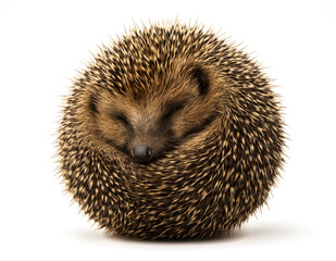 Hedgehog sleeping curled up in a ball on white background