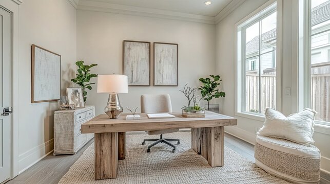 Contemporary and minimalist home office featuring a simple wooden desk, comfortable seating, and personalized accessories.
